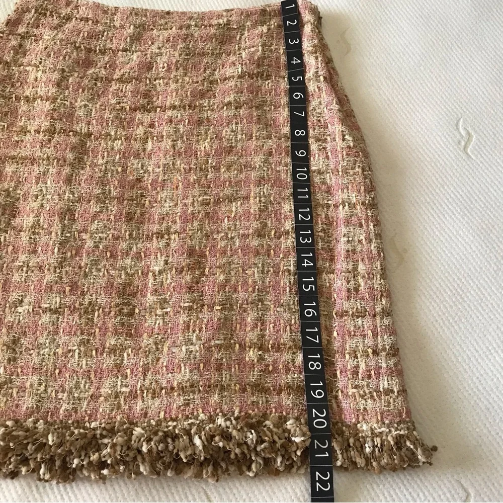 JON Designer Vtg Tweed Skirt Suit Pink Tan Bouclé Fringe Jacket 8 Nostalgic Rare - Picture 12 of 16